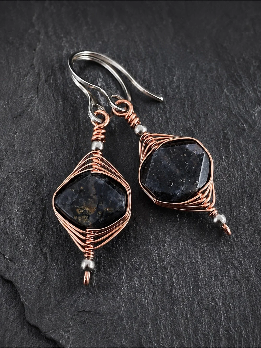 Copper wire wrapped natural iolite gemstone earrings stainless steel